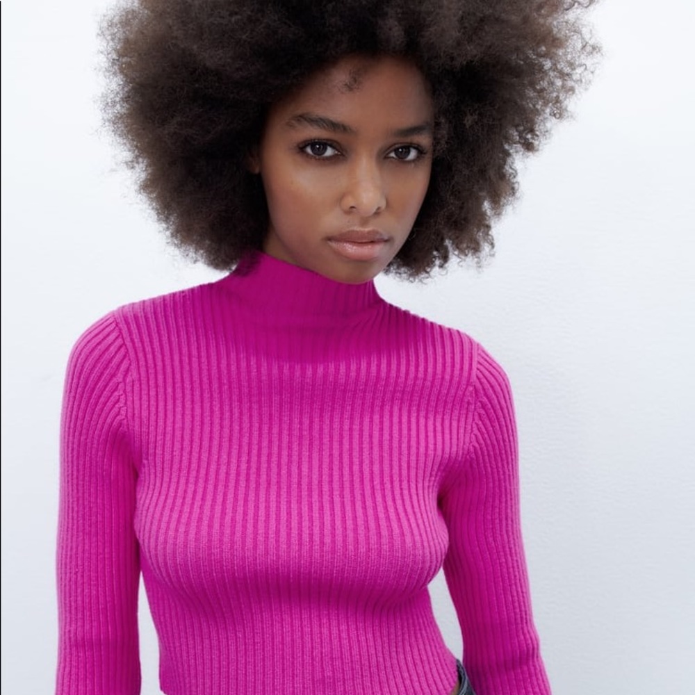 Zara fuchsia pink ribbed crop mock neck sweater